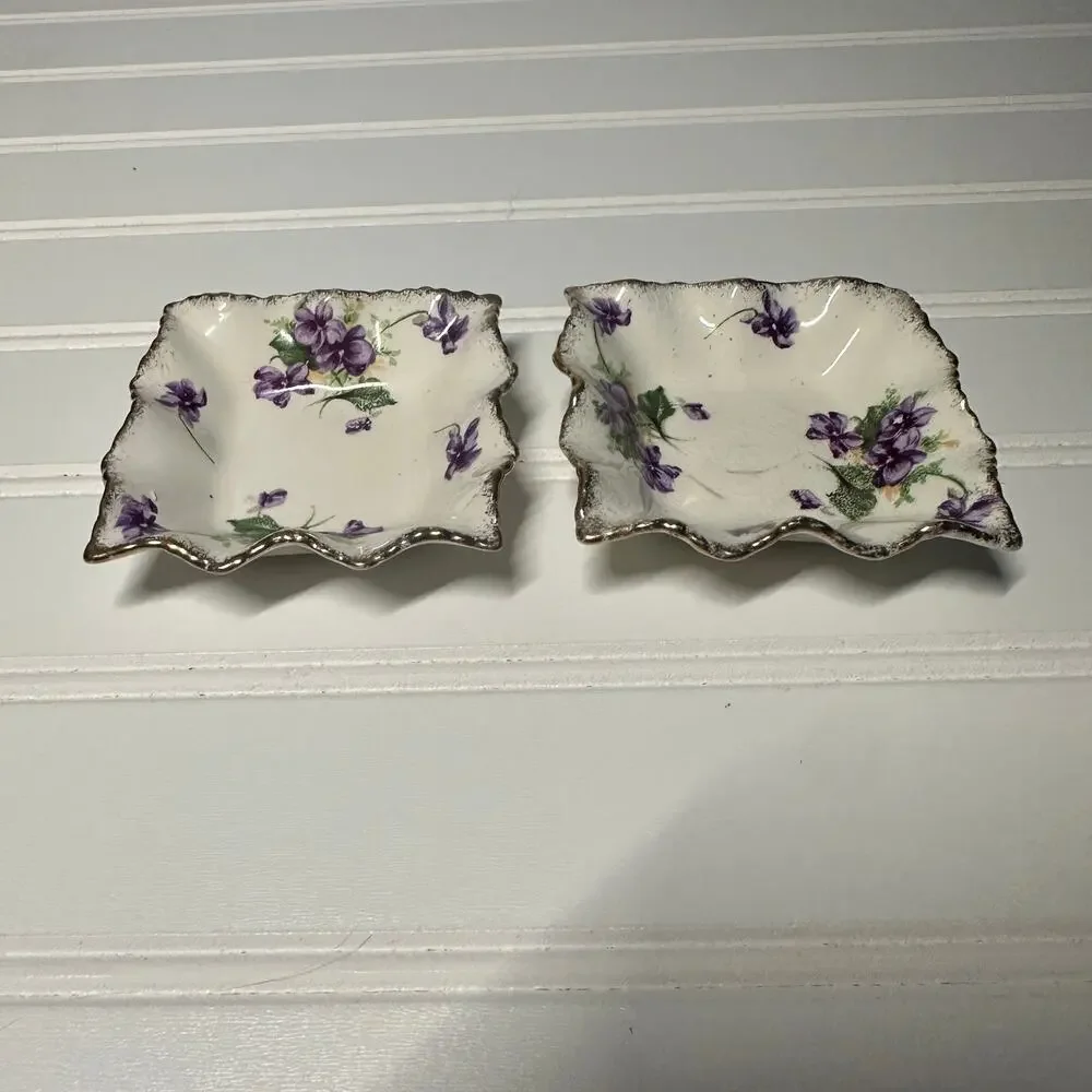 Two James Kent Longton #3090 Violet Trinket‎ Dishes with Ruffle Edges Gold Trim